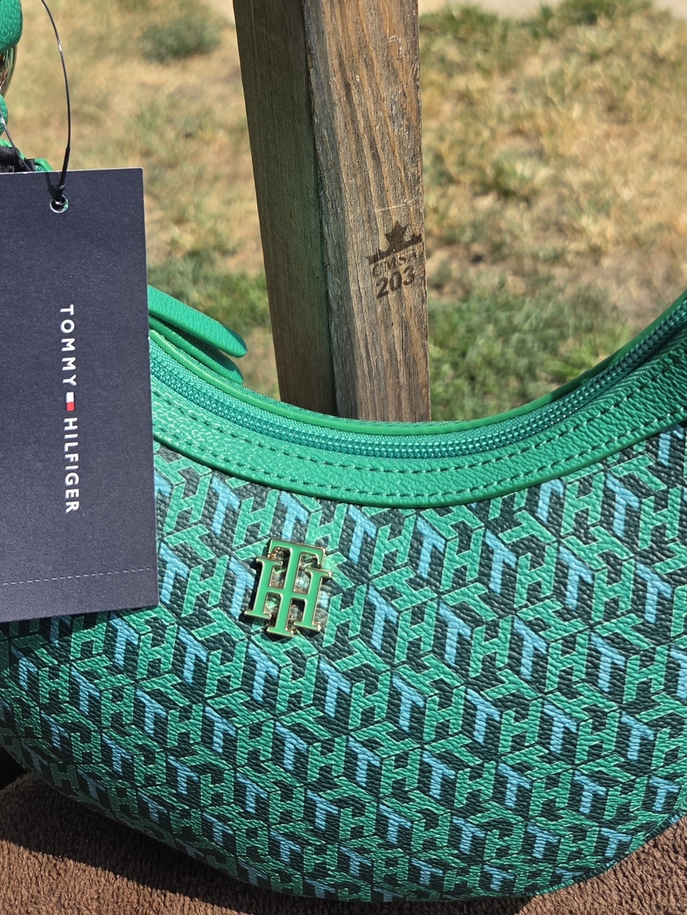 Tommy Hilfiger Teal Green Monogram Crescent Shoulder Bag